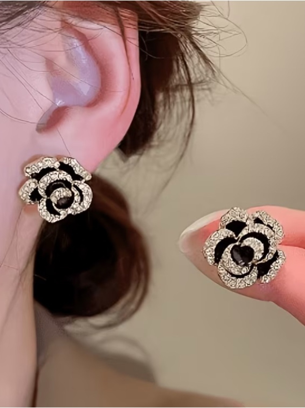 Elegant Black and Gold Rose Stud Earrings - Women's Jewelry